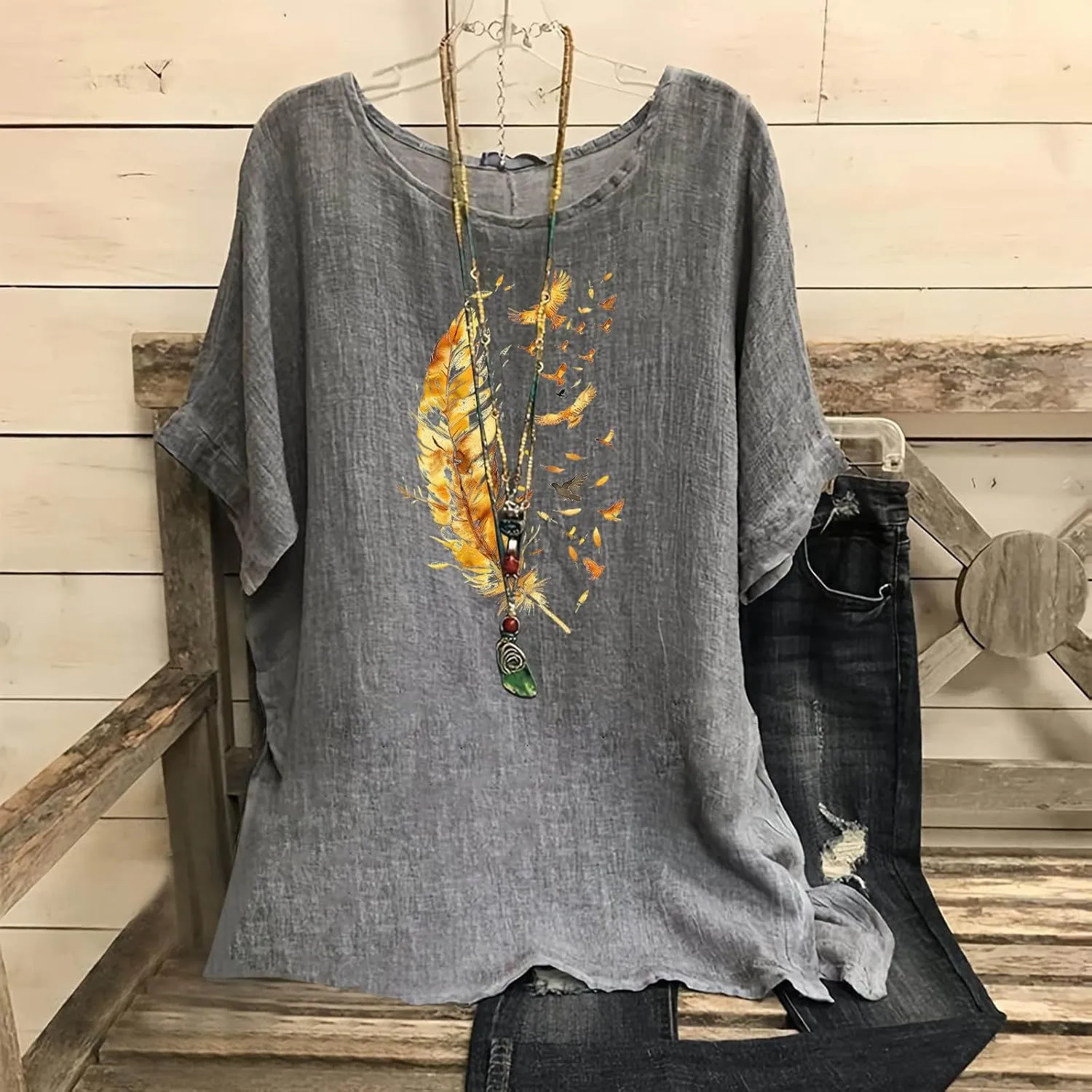Women's Casual Summer Tops Cotton Linen Short Sleeve Shirts Fashion Print Round Neck T Shirt Loose Blouses