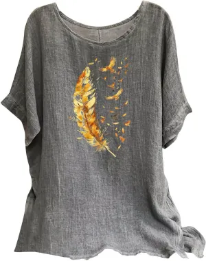 Women's Casual Summer Tops Cotton Linen Short Sleeve Shirts Fashion Print Round Neck T Shirt Loose Blouses