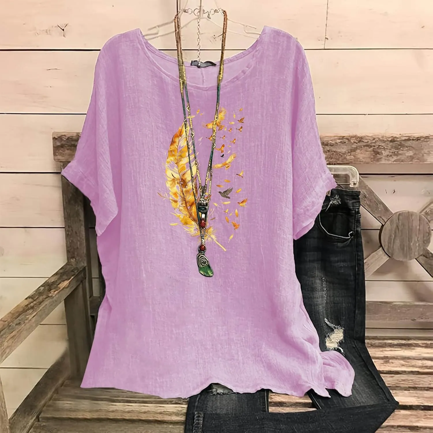 Women's Casual Summer Tops Cotton Linen Short Sleeve Shirts Fashion Print Round Neck T Shirt Loose Blouses
