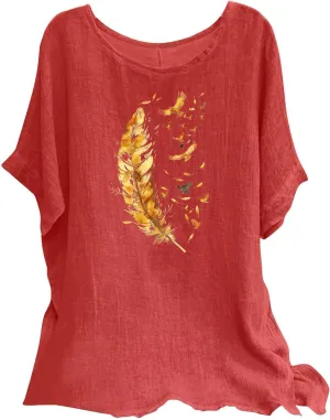 Women's Casual Summer Tops Cotton Linen Short Sleeve Shirts Fashion Print Round Neck T Shirt Loose Blouses