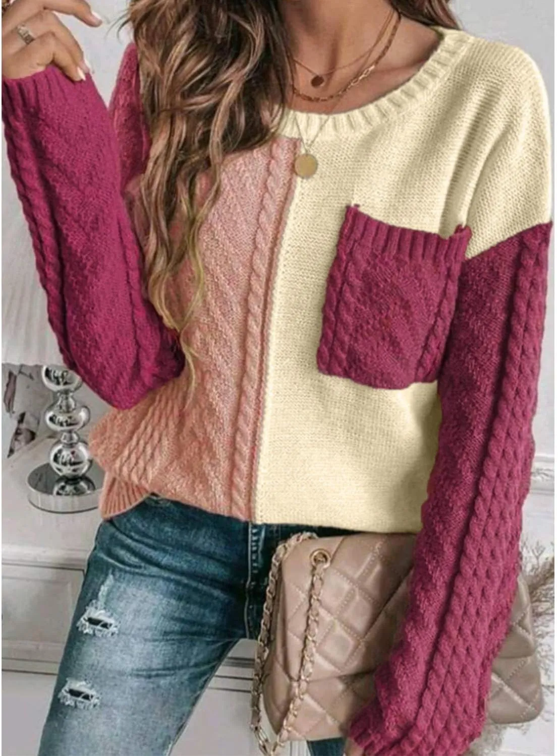 Womens Crewneck Color Block Long Sleeve Sweaters 2025 Fall Winter Cute Sweaters Cozy Knit Pullover Tops