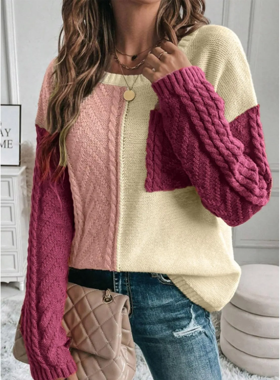 Womens Crewneck Color Block Long Sleeve Sweaters 2025 Fall Winter Cute Sweaters Cozy Knit Pullover Tops