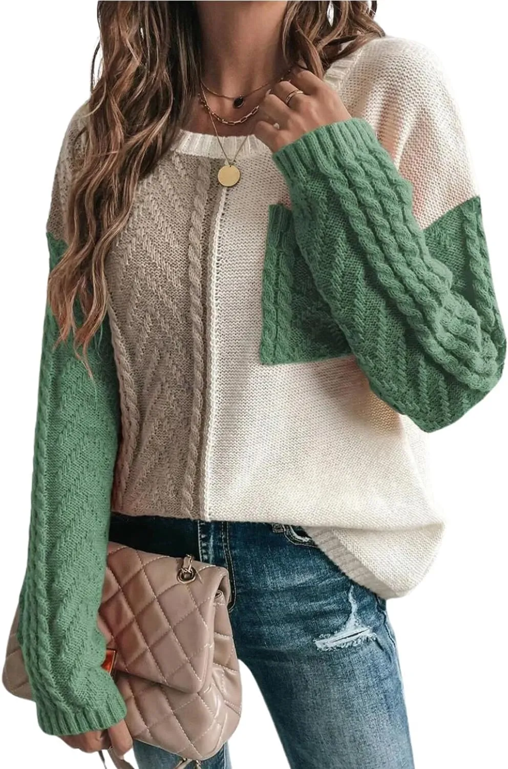 Womens Crewneck Color Block Long Sleeve Sweaters 2025 Fall Winter Cute Sweaters Cozy Knit Pullover Tops