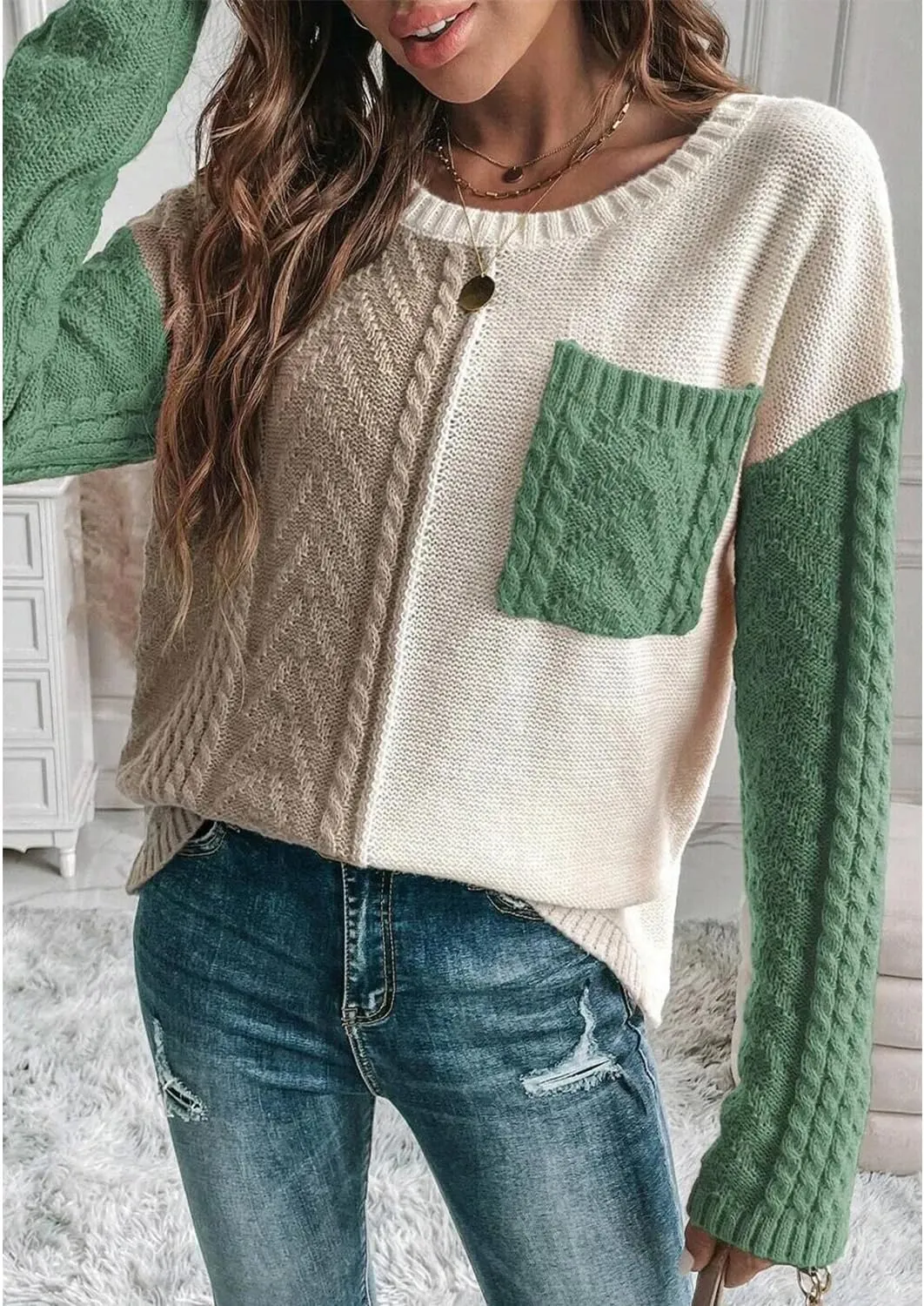 Womens Crewneck Color Block Long Sleeve Sweaters 2025 Fall Winter Cute Sweaters Cozy Knit Pullover Tops