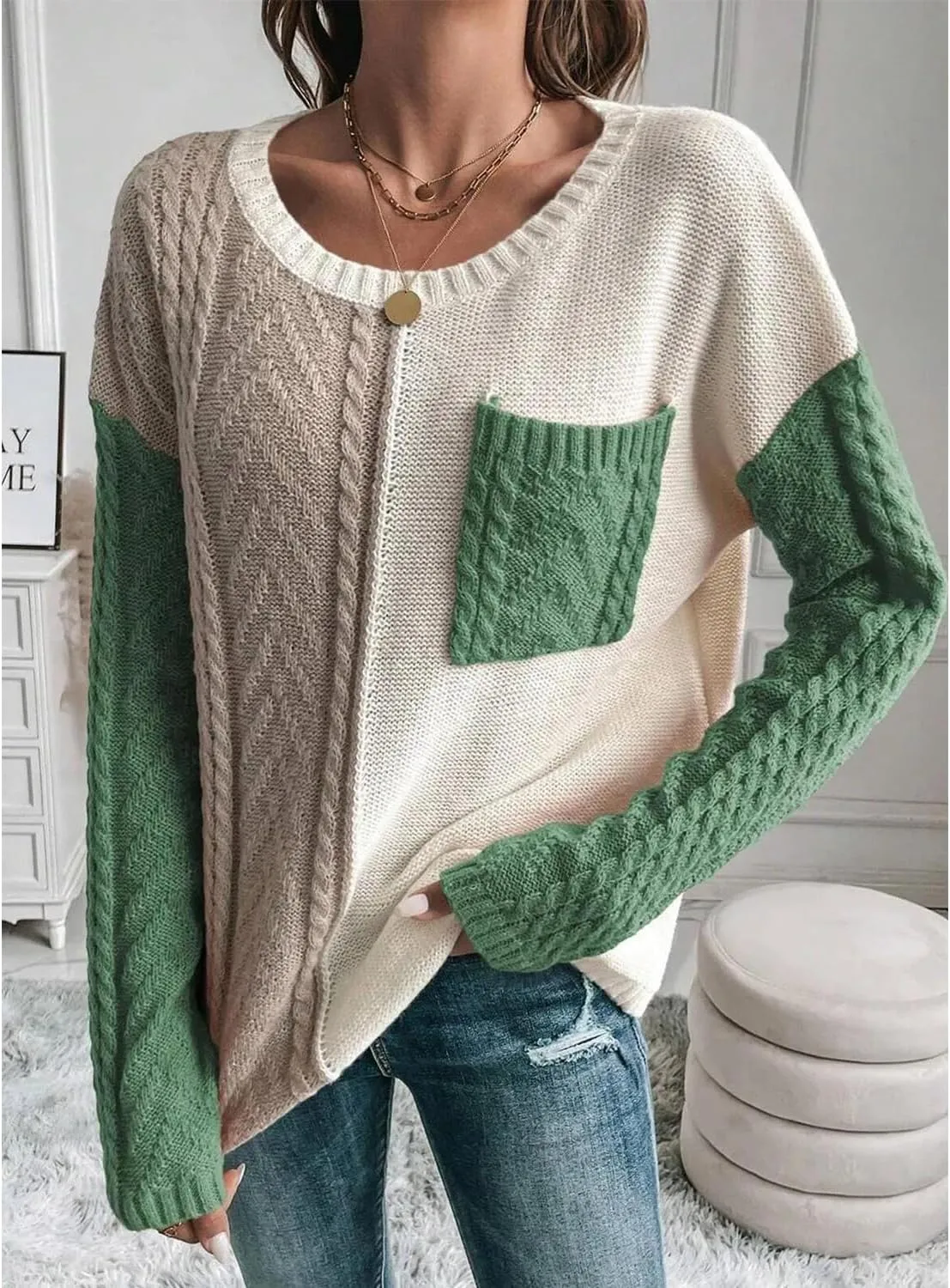 Womens Crewneck Color Block Long Sleeve Sweaters 2025 Fall Winter Cute Sweaters Cozy Knit Pullover Tops