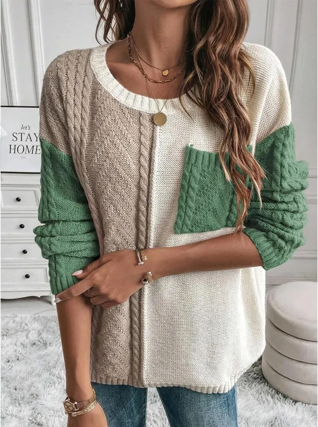 Womens Crewneck Color Block Long Sleeve Sweaters 2025 Fall Winter Cute Sweaters Cozy Knit Pullover Tops