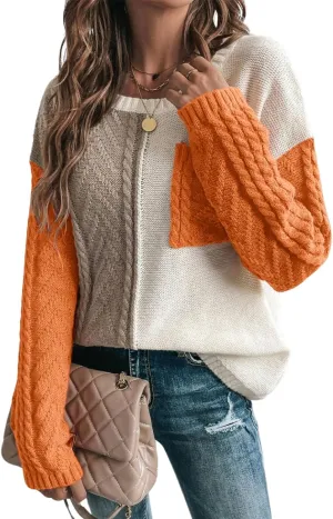 Womens Crewneck Color Block Long Sleeve Sweaters 2025 Fall Winter Cute Sweaters Cozy Knit Pullover Tops