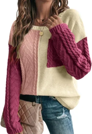 Womens Crewneck Color Block Long Sleeve Sweaters 2025 Fall Winter Cute Sweaters Cozy Knit Pullover Tops