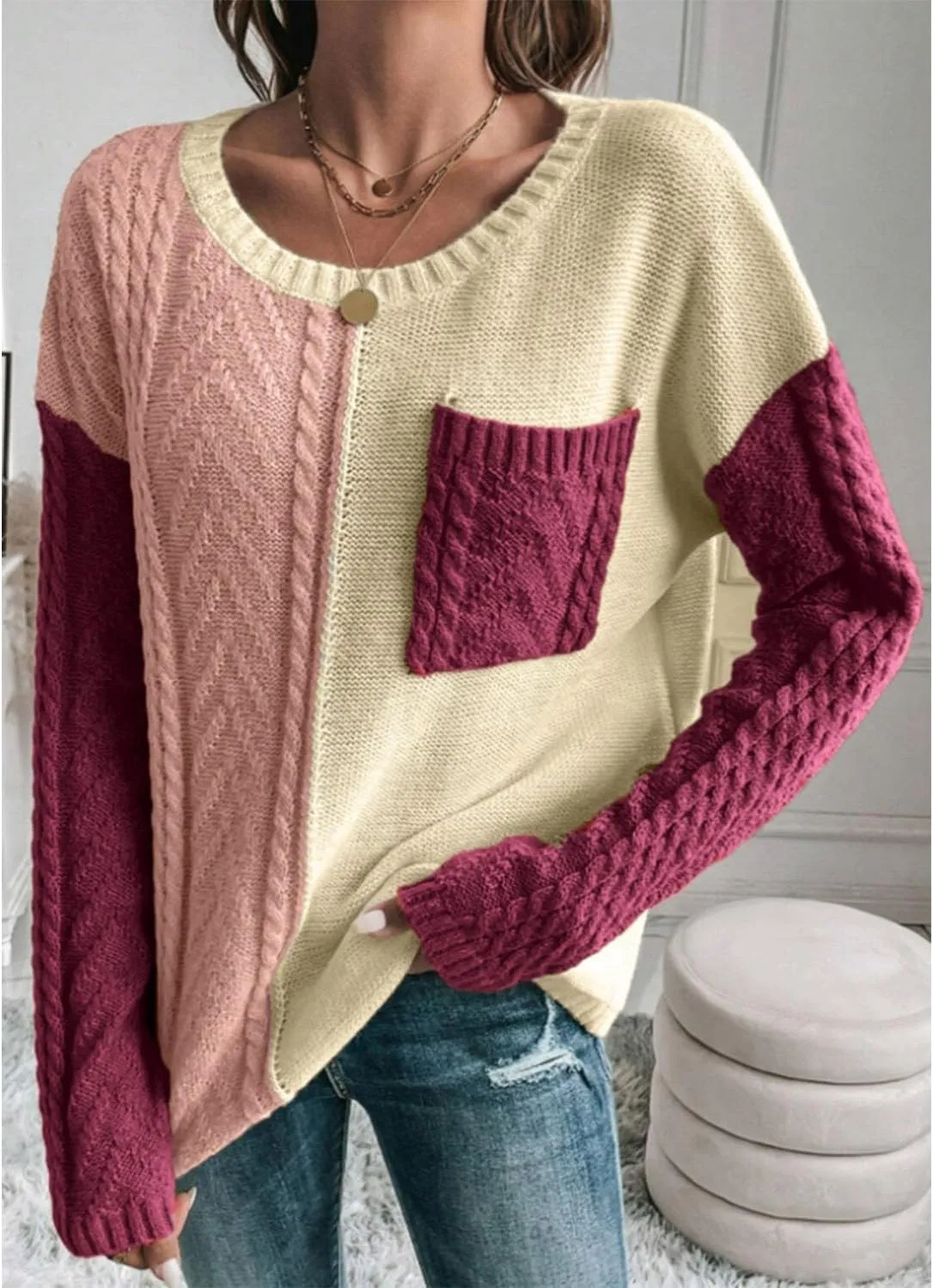 Womens Crewneck Color Block Long Sleeve Sweaters 2025 Fall Winter Cute Sweaters Cozy Knit Pullover Tops