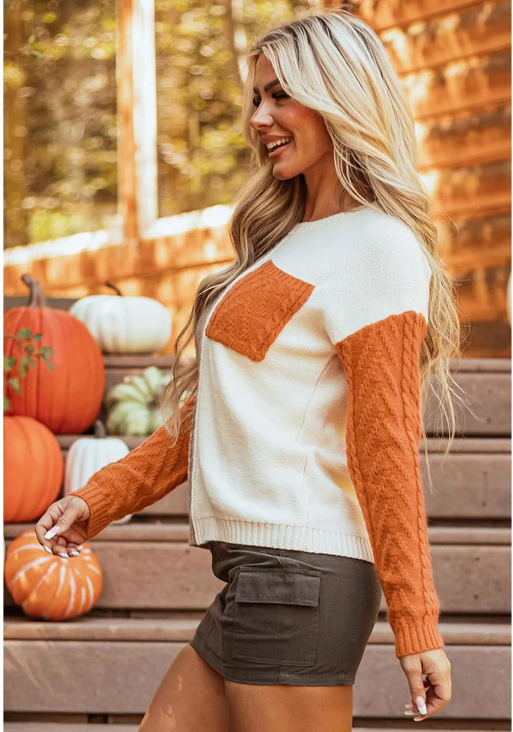 Womens Crewneck Color Block Long Sleeve Sweaters 2025 Fall Winter Cute Sweaters Cozy Knit Pullover Tops