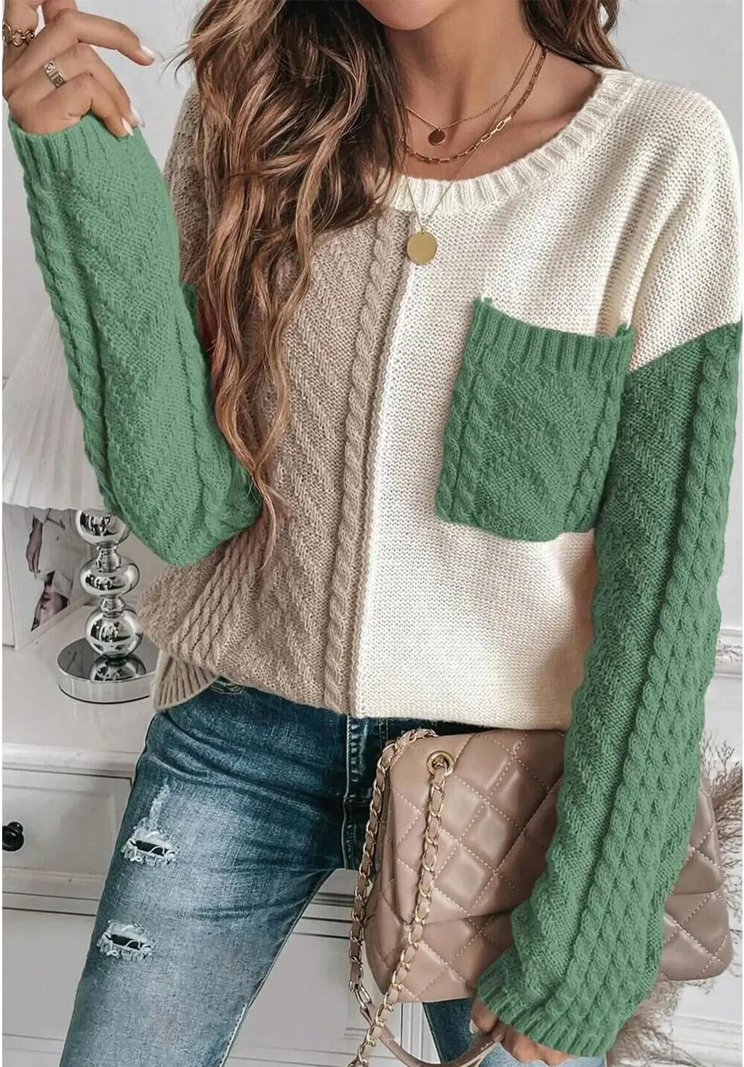Womens Crewneck Color Block Long Sleeve Sweaters 2025 Fall Winter Cute Sweaters Cozy Knit Pullover Tops