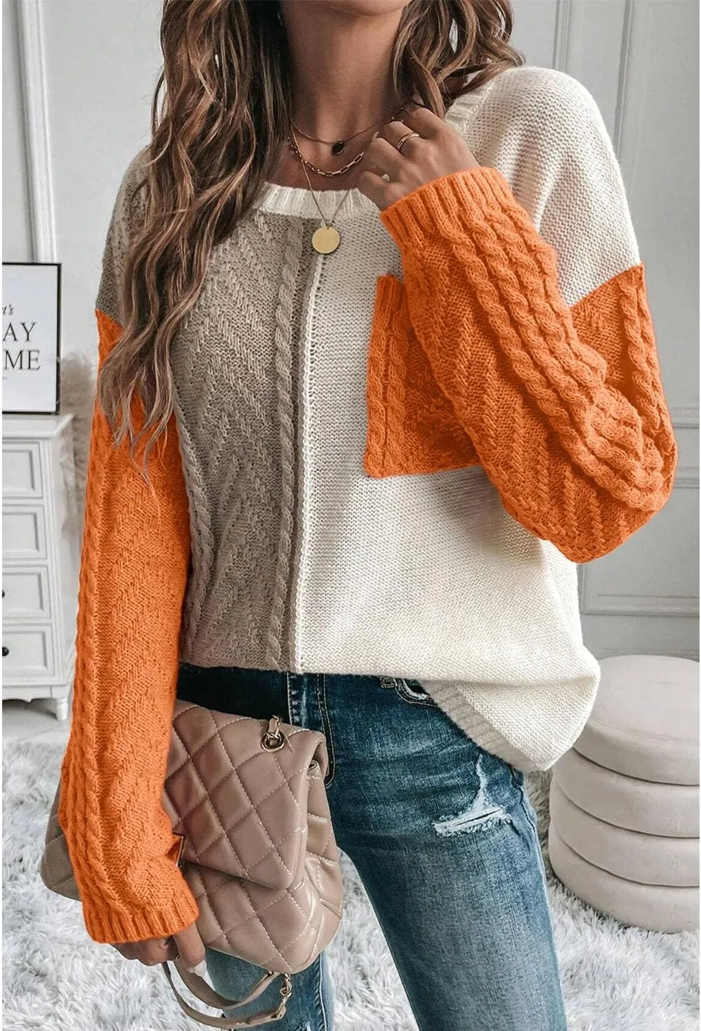 Womens Crewneck Color Block Long Sleeve Sweaters 2025 Fall Winter Cute Sweaters Cozy Knit Pullover Tops