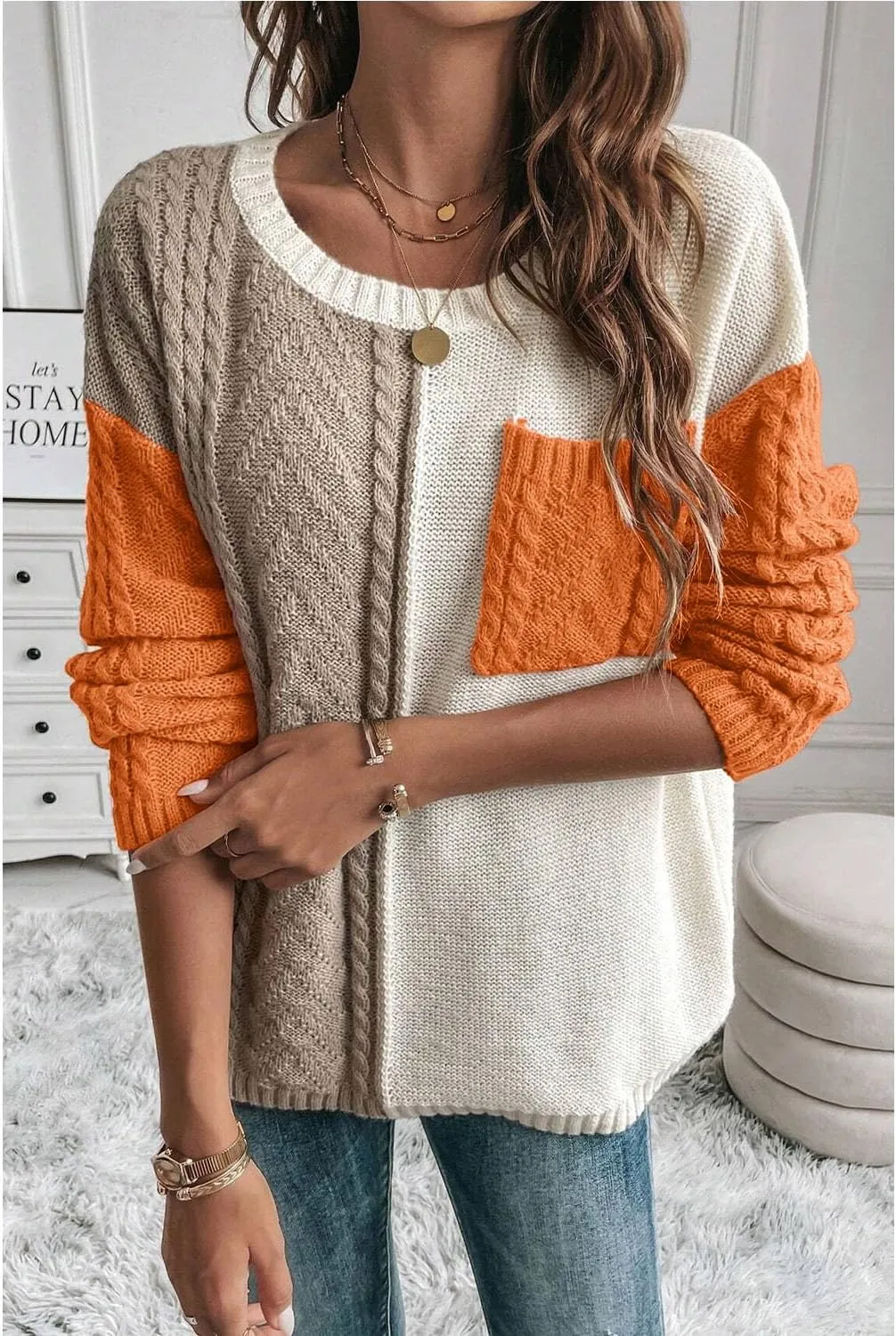 Womens Crewneck Color Block Long Sleeve Sweaters 2025 Fall Winter Cute Sweaters Cozy Knit Pullover Tops
