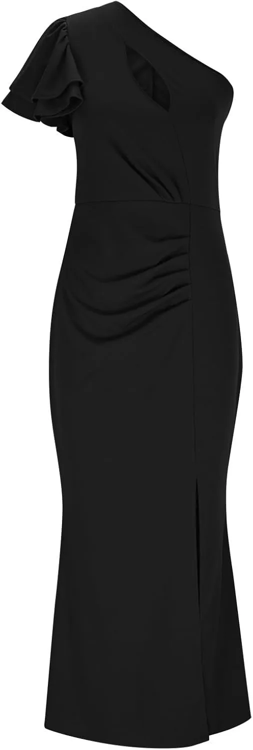 Womens Elegant Cocktail Party Maxi Dress One Shoulder Ruffle Sleeve Cut Out High Split Ruched Wedding Guest Long Dresses