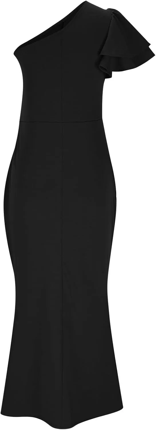 Womens Elegant Cocktail Party Maxi Dress One Shoulder Ruffle Sleeve Cut Out High Split Ruched Wedding Guest Long Dresses