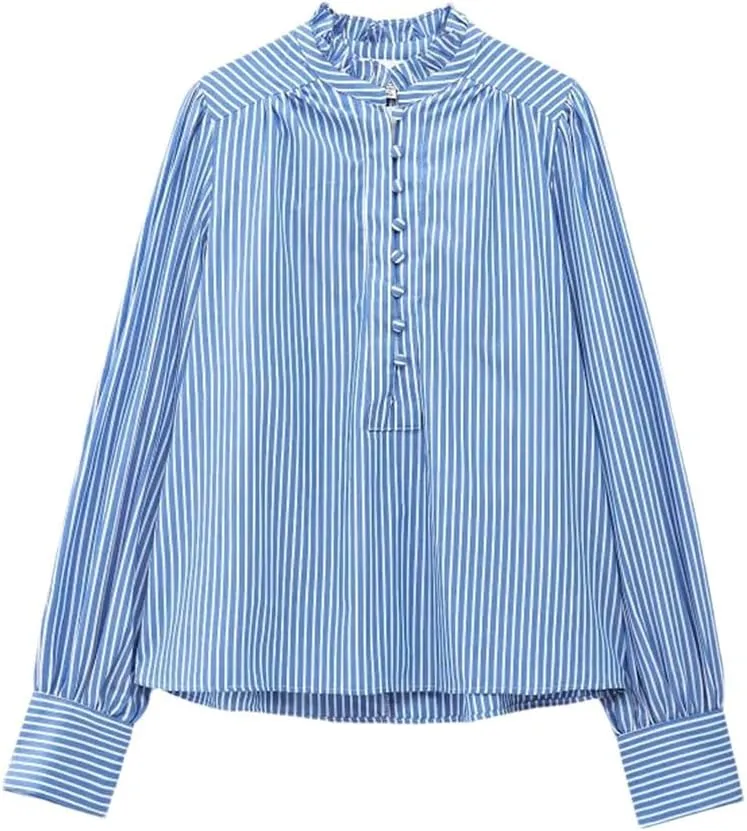 Women's Elegant Striped Shirts Long Sleeve Loose Blouses Office Ruffled Printed Tops