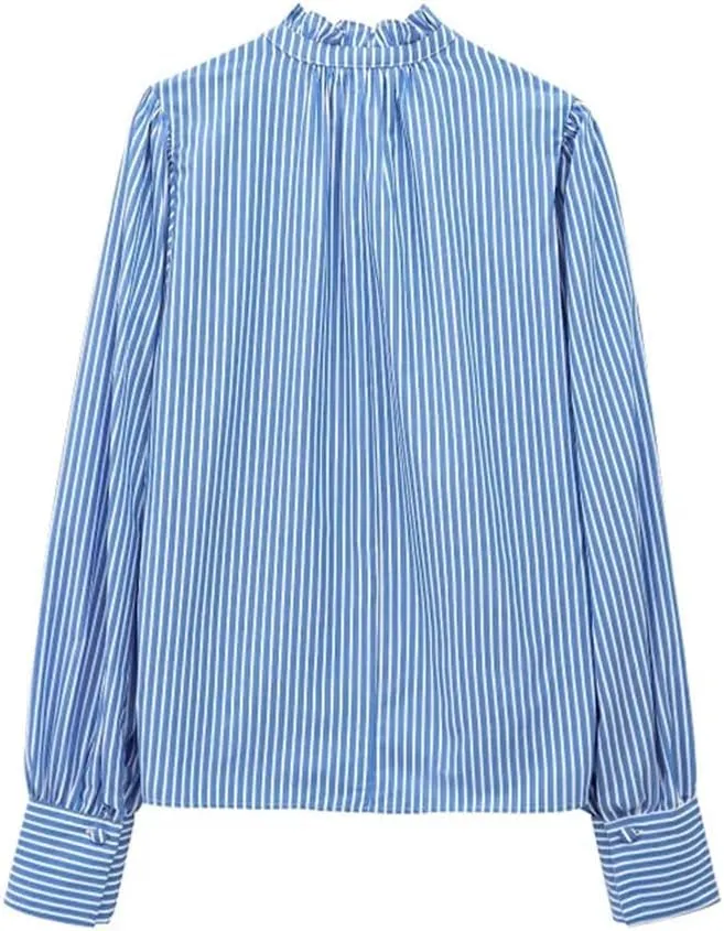 Women's Elegant Striped Shirts Long Sleeve Loose Blouses Office Ruffled Printed Tops