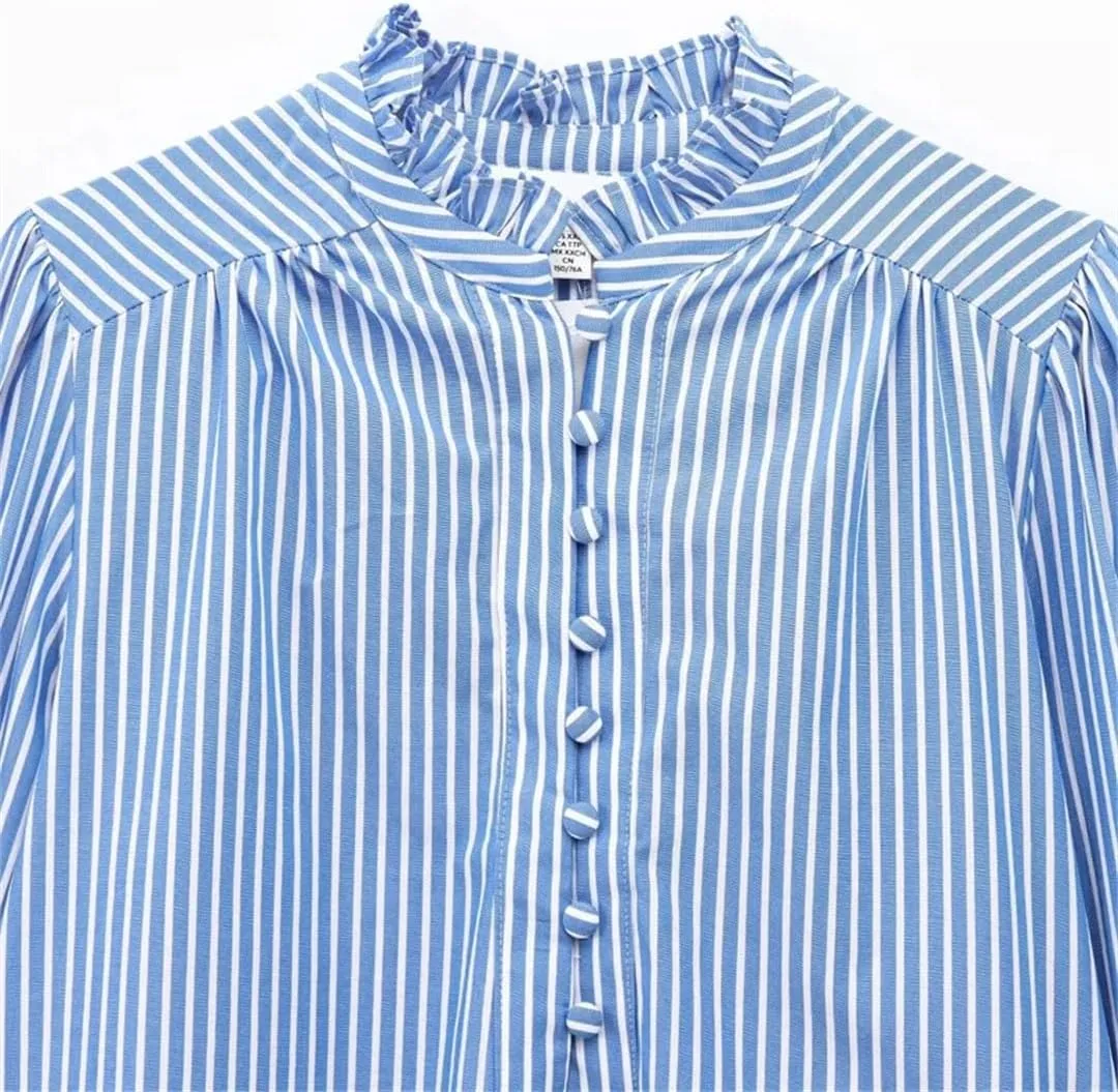 Women's Elegant Striped Shirts Long Sleeve Loose Blouses Office Ruffled Printed Tops