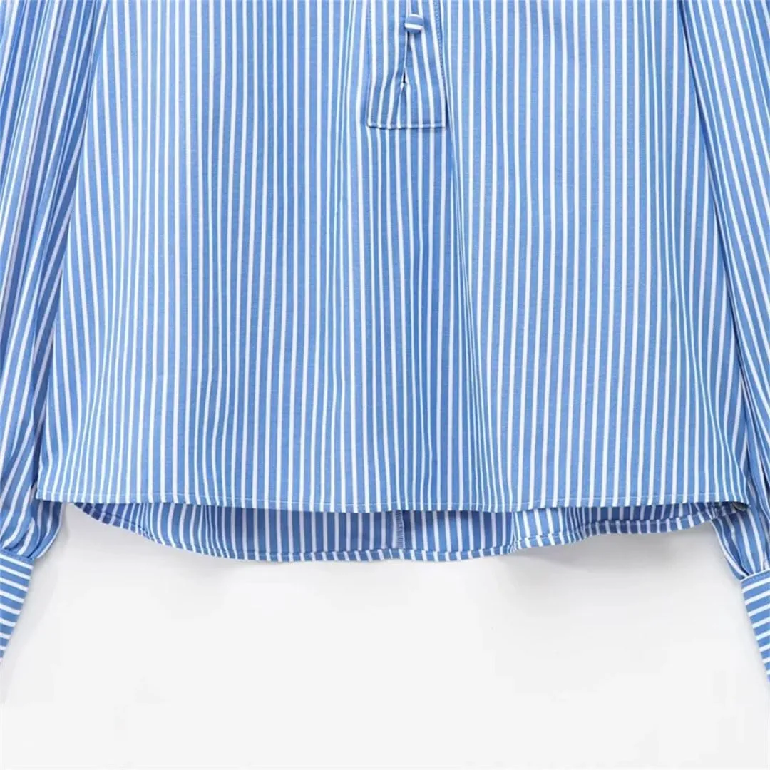 Women's Elegant Striped Shirts Long Sleeve Loose Blouses Office Ruffled Printed Tops