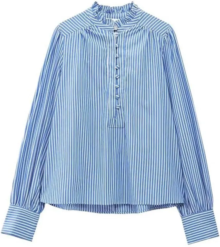 Women's Elegant Striped Shirts Long Sleeve Loose Blouses Office Ruffled Printed Tops