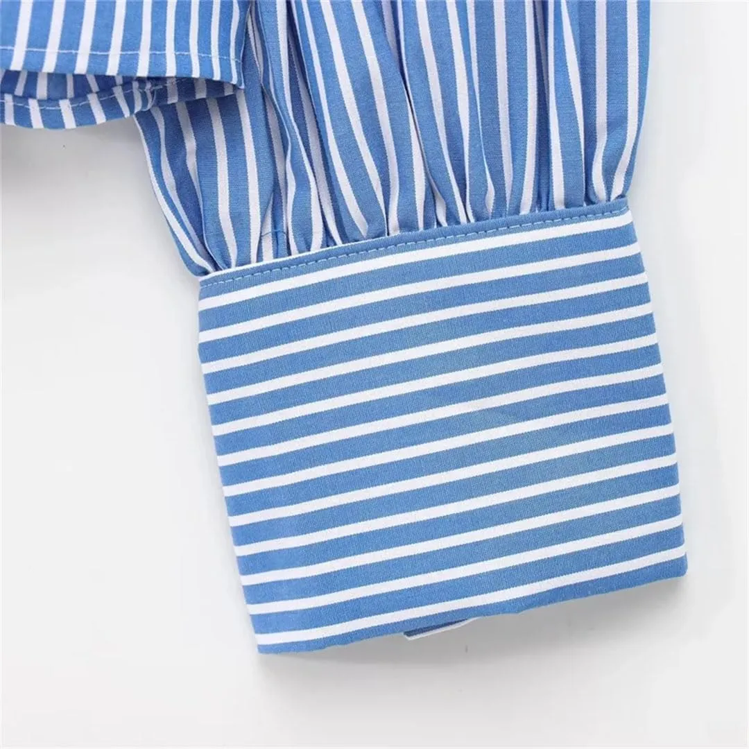 Women's Elegant Striped Shirts Long Sleeve Loose Blouses Office Ruffled Printed Tops