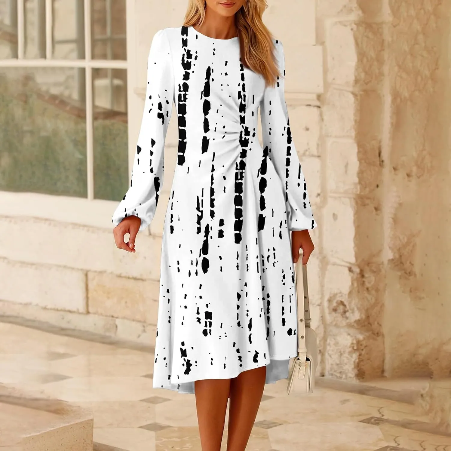 Women's Fashion Casual Print Round Neck Long Sleeve Midi Fashion Dress