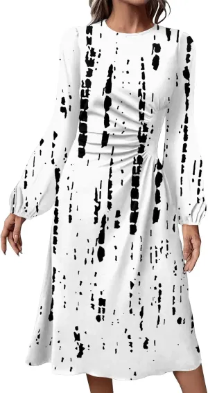 Women's Fashion Casual Print Round Neck Long Sleeve Midi Fashion Dress