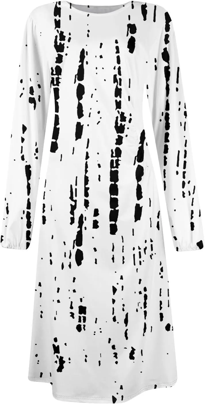 Women's Fashion Casual Print Round Neck Long Sleeve Midi Fashion Dress