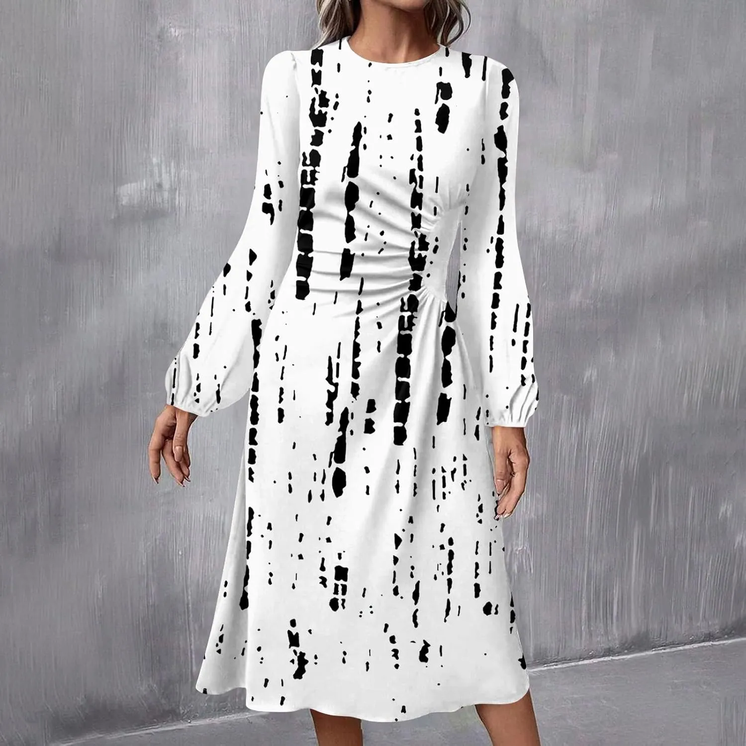 Women's Fashion Casual Print Round Neck Long Sleeve Midi Fashion Dress