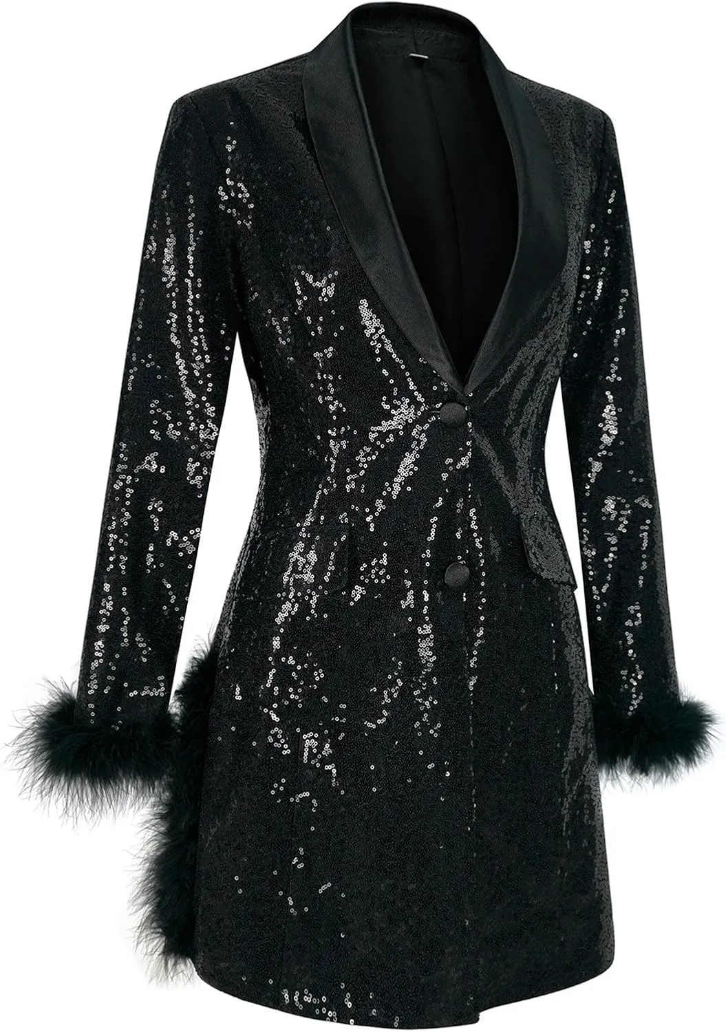 Women's Fashionable and Sexy Solid Color Deep V Long Sleeved Dress with Button Pockets Sequin Warm Winter Jackets