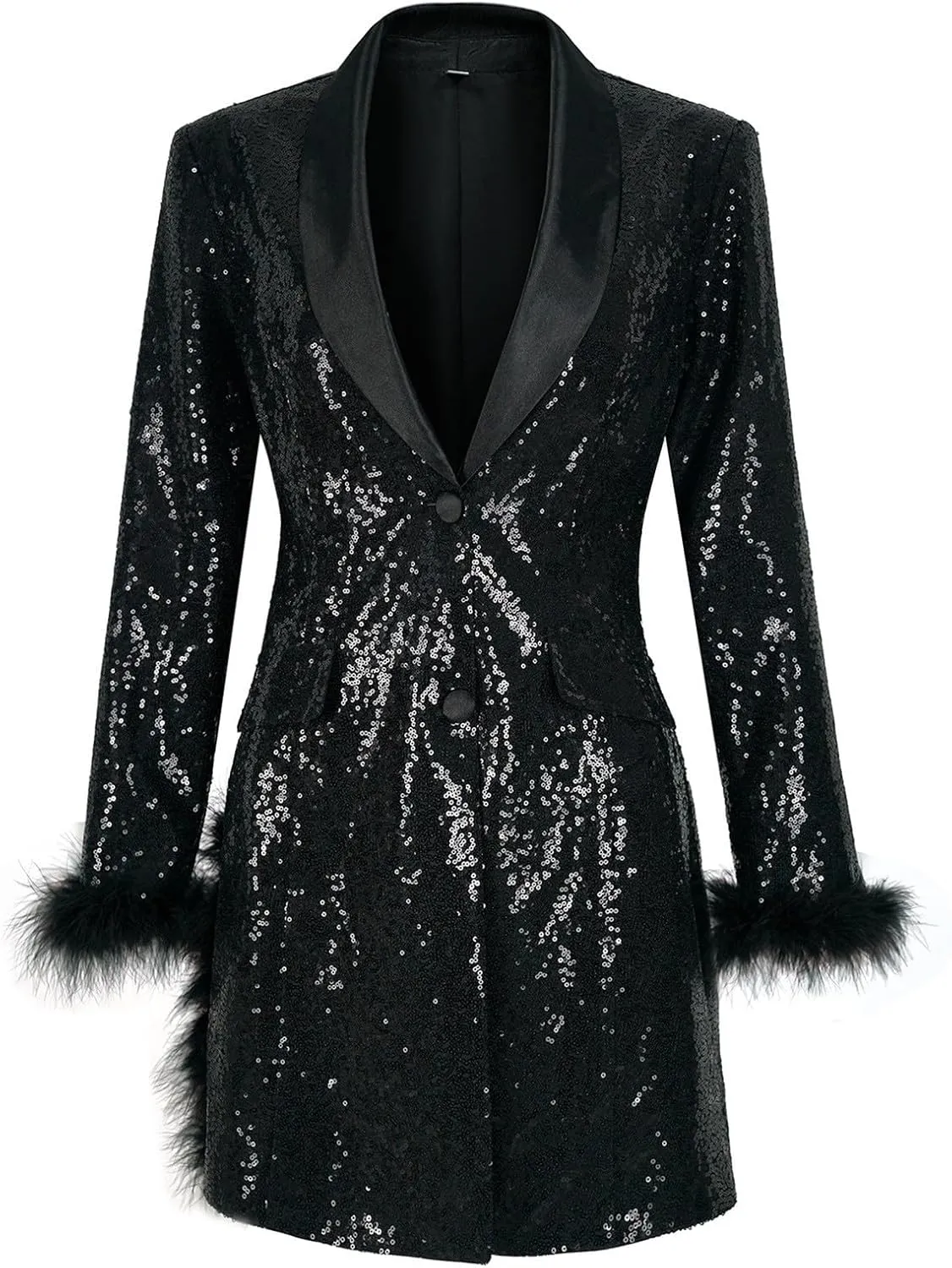 Women's Fashionable and Sexy Solid Color Deep V Long Sleeved Dress with Button Pockets Sequin Warm Winter Jackets