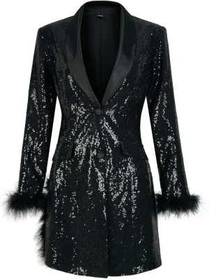 Women's Fashionable and Sexy Solid Color Deep V Long Sleeved Dress with Button Pockets Sequin Warm Winter Jackets