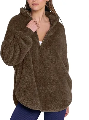 Womens Fleece Sweatshirt Half Zip Up Oversized Long Sleeve Sherpa Pullover Winter Warm Comfy Solid Color Fuzzy Tops