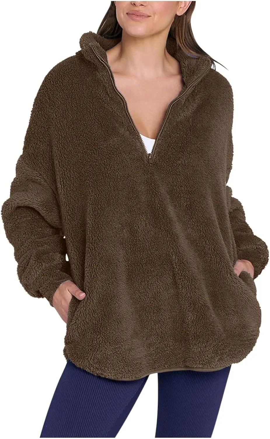 Womens Fleece Sweatshirt Half Zip Up Oversized Long Sleeve Sherpa Pullover Winter Warm Comfy Solid Color Fuzzy Tops
