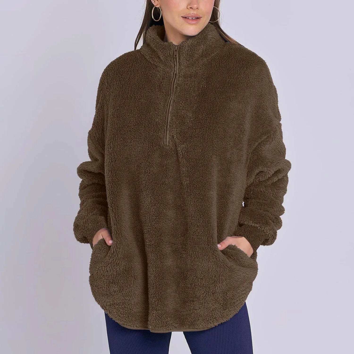 Womens Fleece Sweatshirt Half Zip Up Oversized Long Sleeve Sherpa Pullover Winter Warm Comfy Solid Color Fuzzy Tops