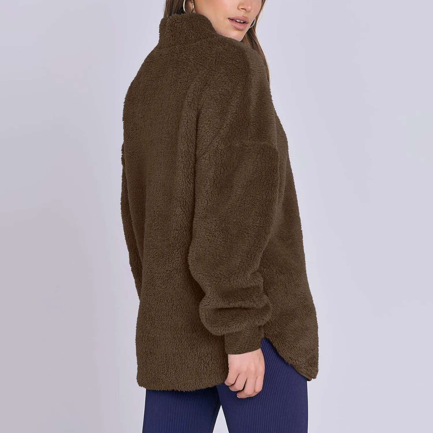 Womens Fleece Sweatshirt Half Zip Up Oversized Long Sleeve Sherpa Pullover Winter Warm Comfy Solid Color Fuzzy Tops