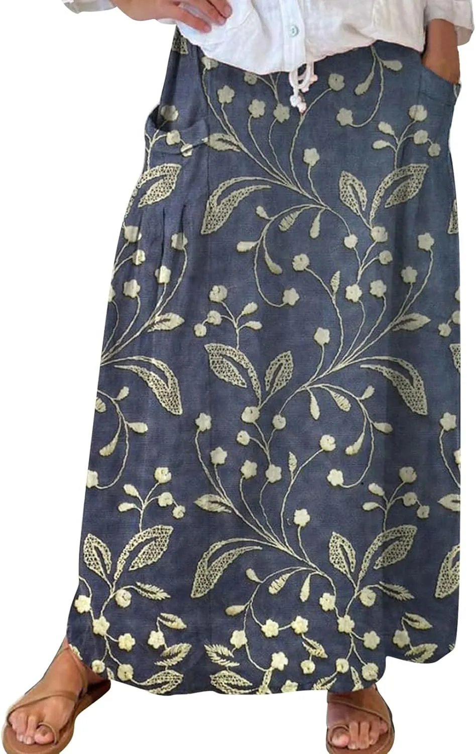 Womens Floral Boho Maxi Skirt Elastic High Waist Tiered Pleated Flowy Long Summer Casual Beach Skirt