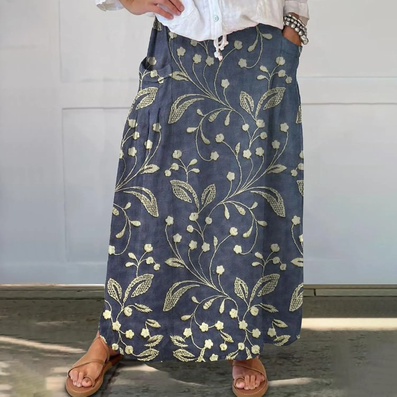 Womens Floral Boho Maxi Skirt Elastic High Waist Tiered Pleated Flowy Long Summer Casual Beach Skirt