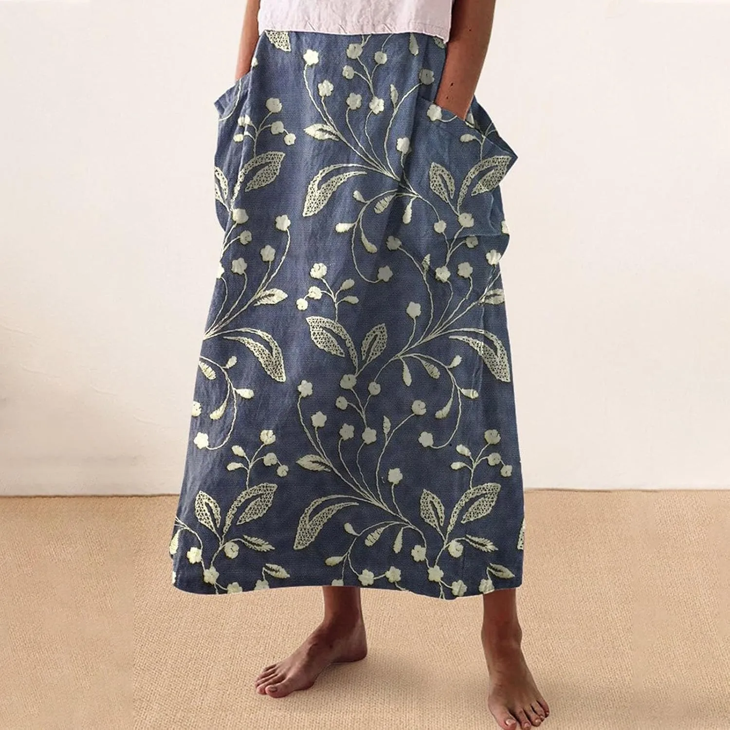 Womens Floral Boho Maxi Skirt Elastic High Waist Tiered Pleated Flowy Long Summer Casual Beach Skirt