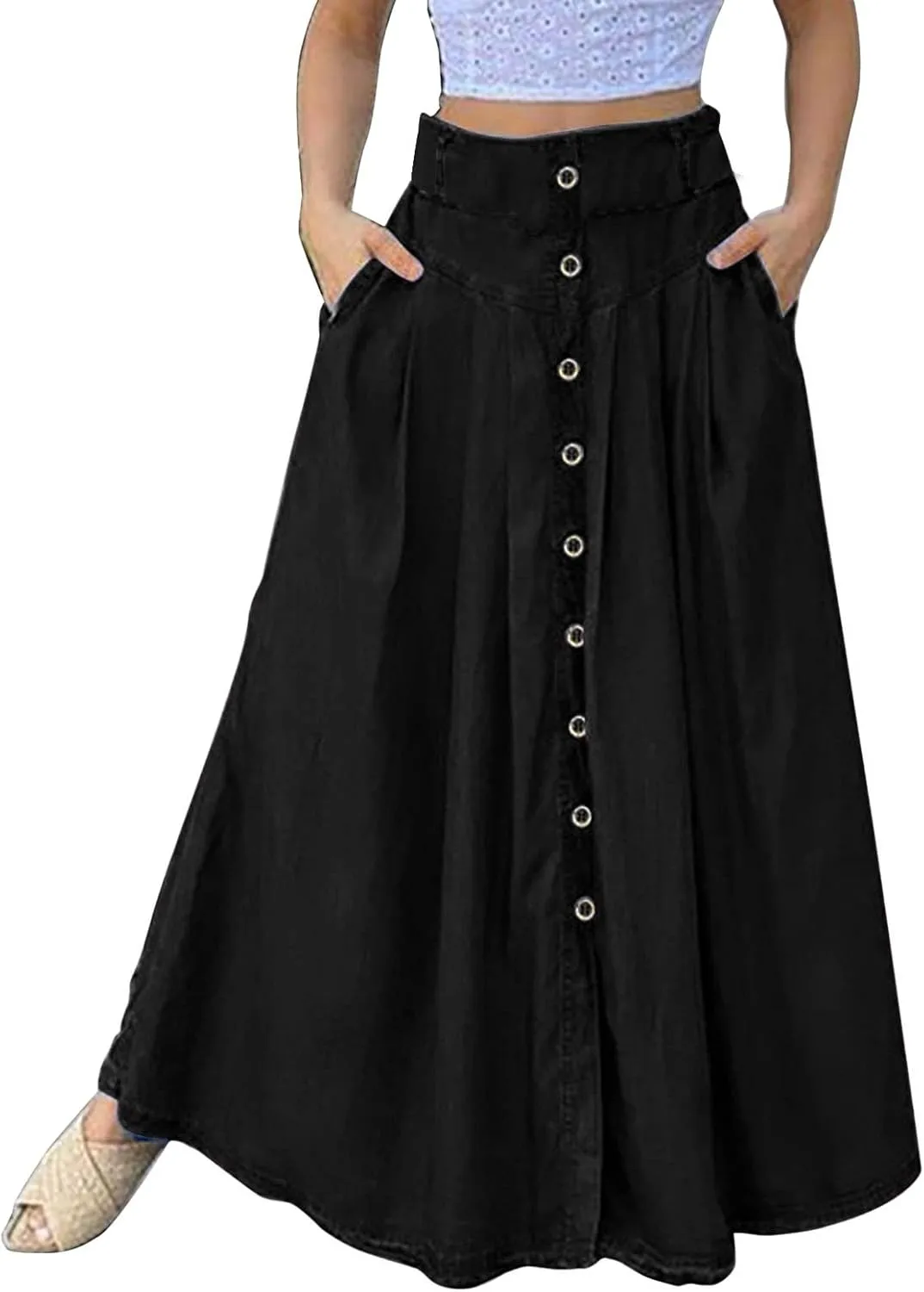Womens Flowy Long Boho Floral Maxi Skirt Elastic High Waist Tiered Pleated Summer Casual Beach Skirt