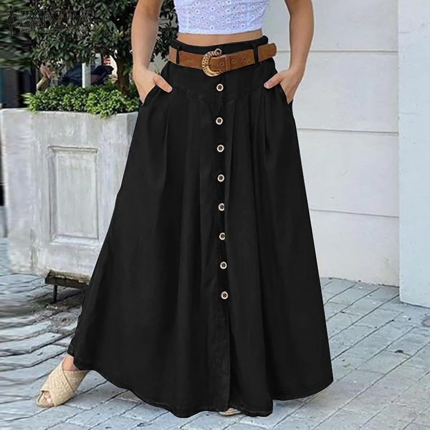 Womens Flowy Long Boho Floral Maxi Skirt Elastic High Waist Tiered Pleated Summer Casual Beach Skirt