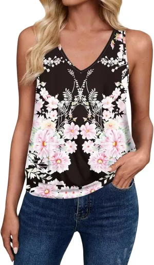 Womens Graphic T Shirts Casual V Neck Tank Tops Summer Sleeveless Tunic Flowy Loose Blouses Travel Clothes