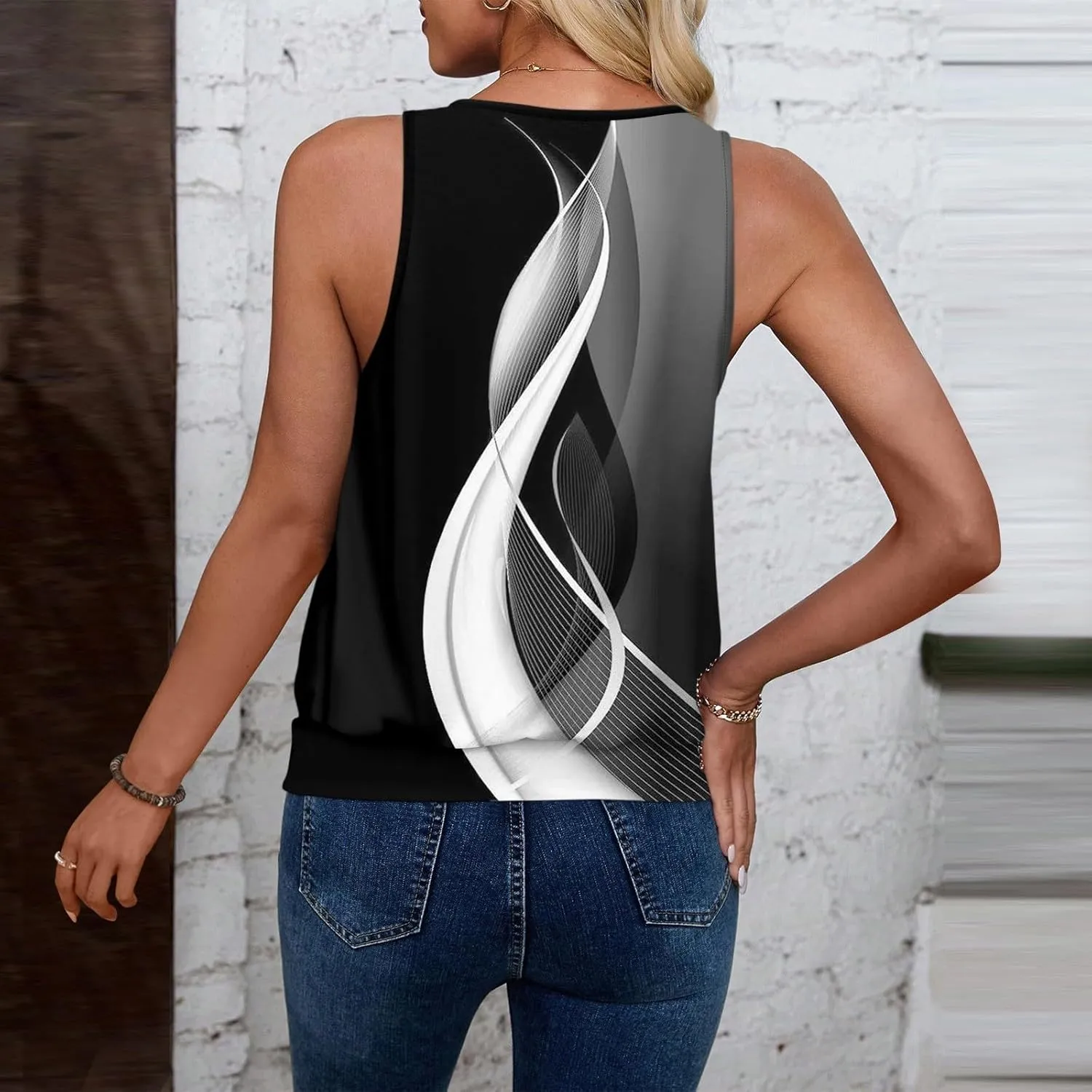 Womens Graphic T Shirts Casual V Neck Tank Tops Summer Sleeveless Tunic Flowy Loose Blouses Travel Clothes