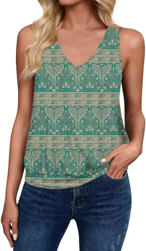Womens Graphic T Shirts Casual V Neck Tank Tops Summer Sleeveless Tunic Flowy Loose Blouses Travel Clothes