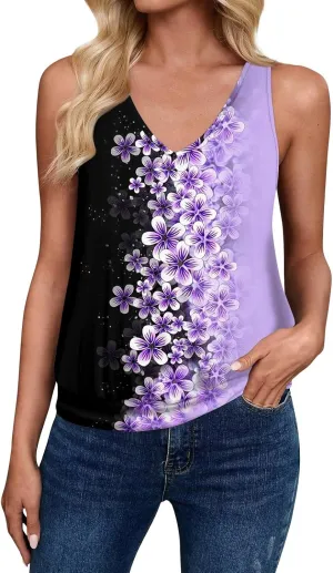 Womens Graphic T Shirts Casual V Neck Tank Tops Summer Sleeveless Tunic Flowy Loose Blouses Travel Clothes