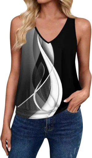Womens Graphic T Shirts Casual V Neck Tank Tops Summer Sleeveless Tunic Flowy Loose Blouses Travel Clothes