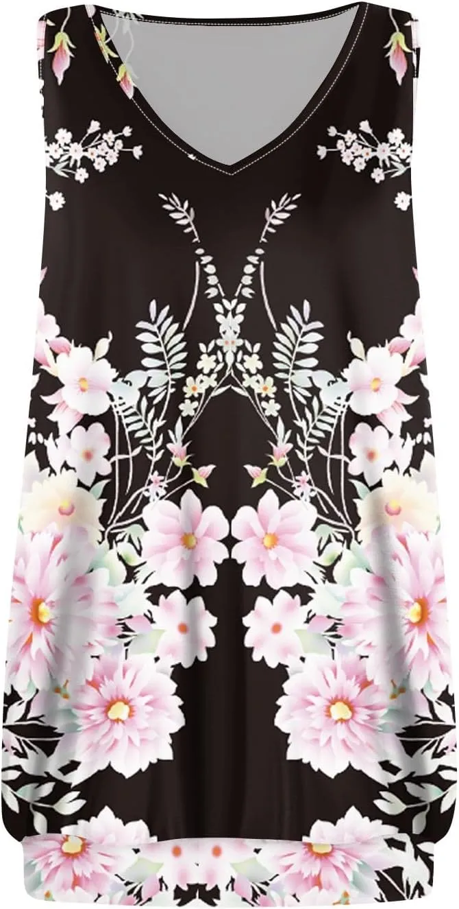 Womens Graphic T Shirts Casual V Neck Tank Tops Summer Sleeveless Tunic Flowy Loose Blouses Travel Clothes
