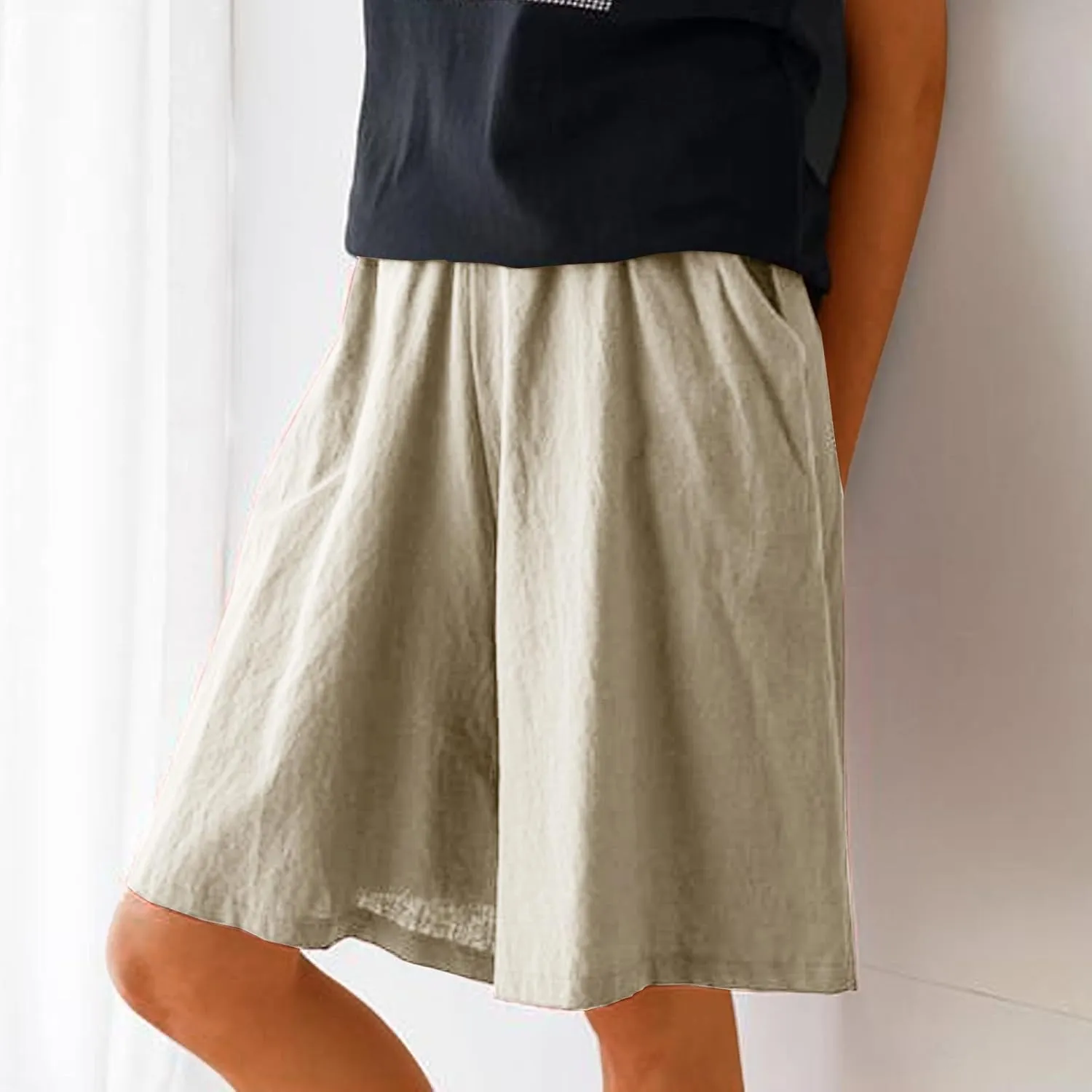 Womens Knee Length Bermuda Shorts Elastic Waist Wide Leg Casual 10" Long Shorts Loose Fit Summer Beach Shorts Pocket