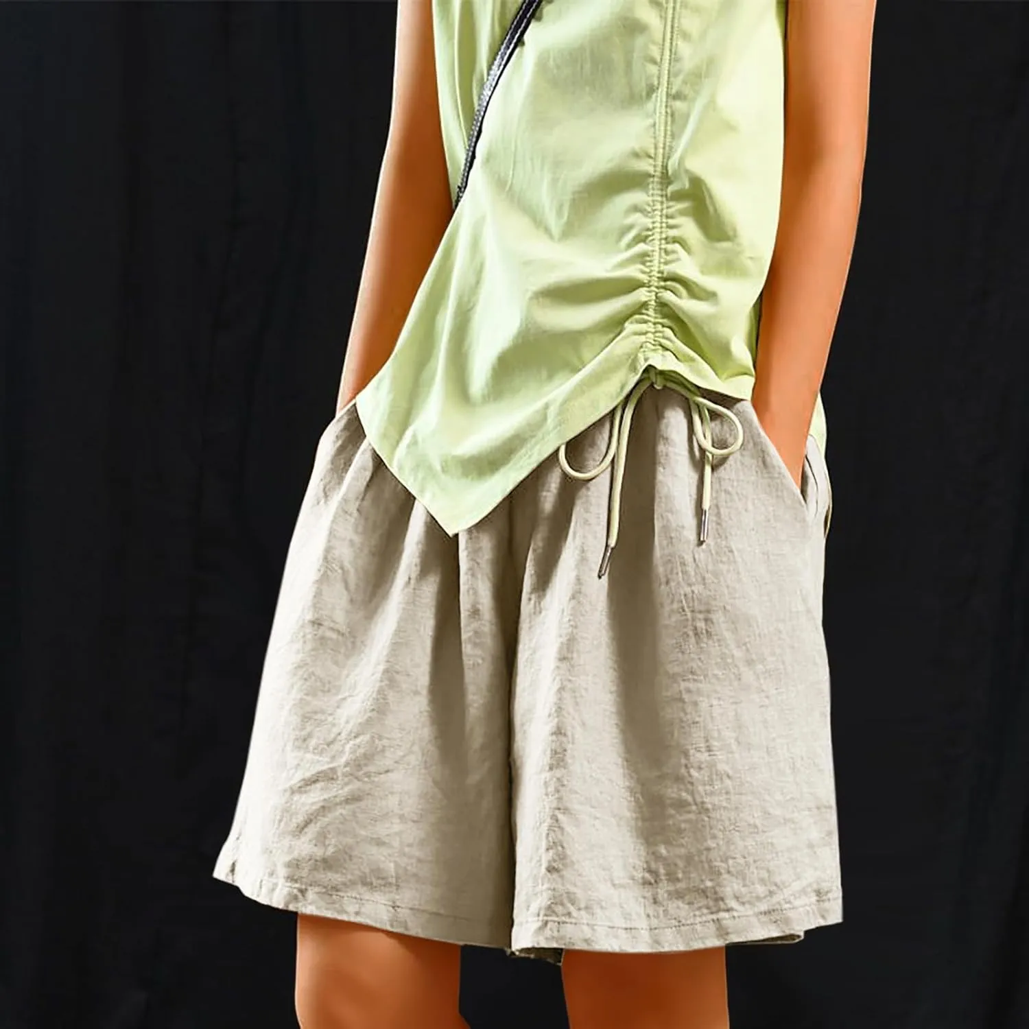 Womens Knee Length Bermuda Shorts Elastic Waist Wide Leg Casual 10" Long Shorts Loose Fit Summer Beach Shorts Pocket