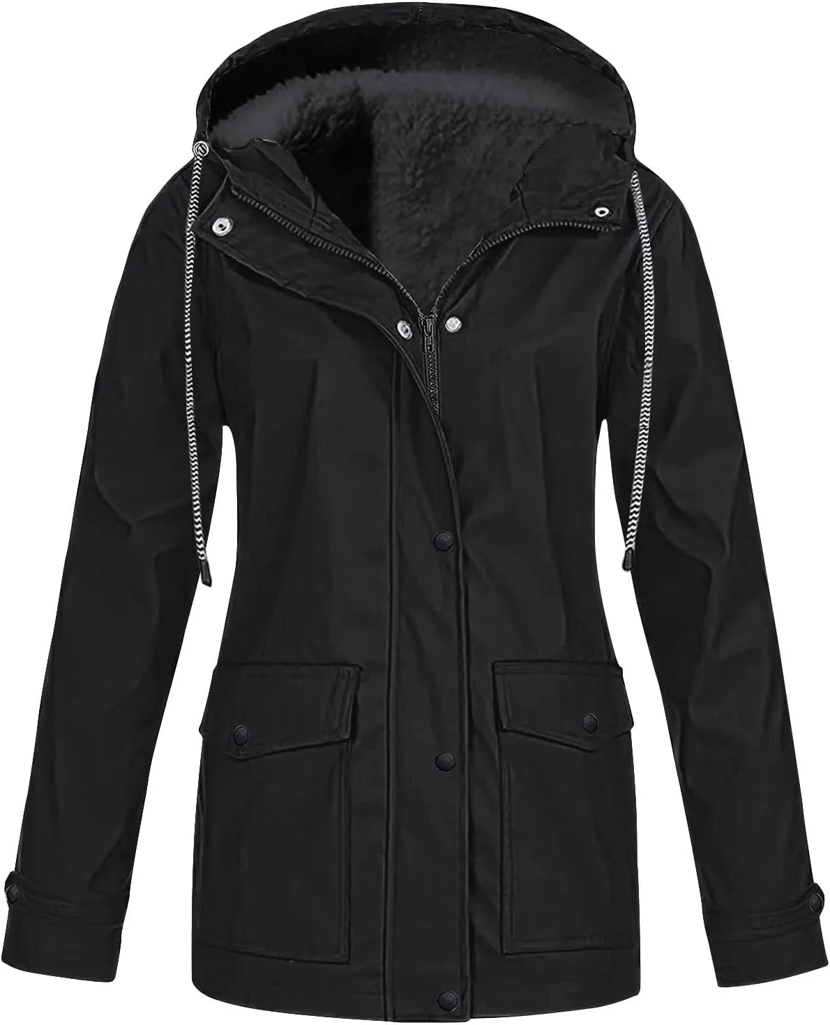 Women's Lightweight Waterproof Fleece Lined Hooded Softshell Rain Jacket, Outdoor Warm Windbreaker Long Coat
